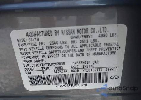 2020 Infiniti Q50 Edition 30 from USA, damaged, VIN JN1EV7AP3LM203928
